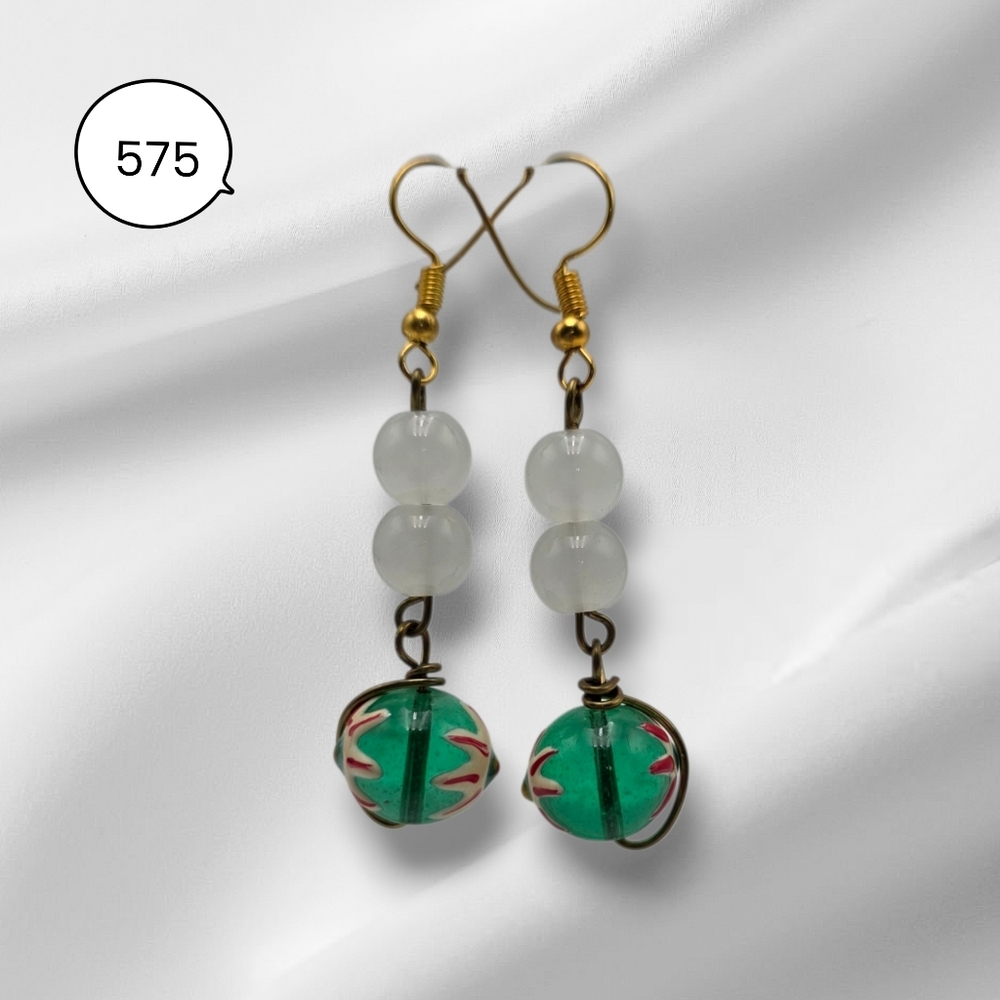 Handmade Green and White Beaded Earrings